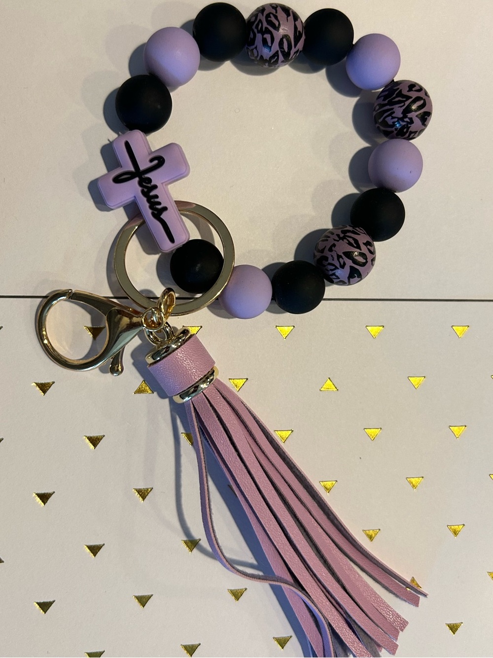 Lilac and Black Beaded Cross Keyring Bracelet with Tassel